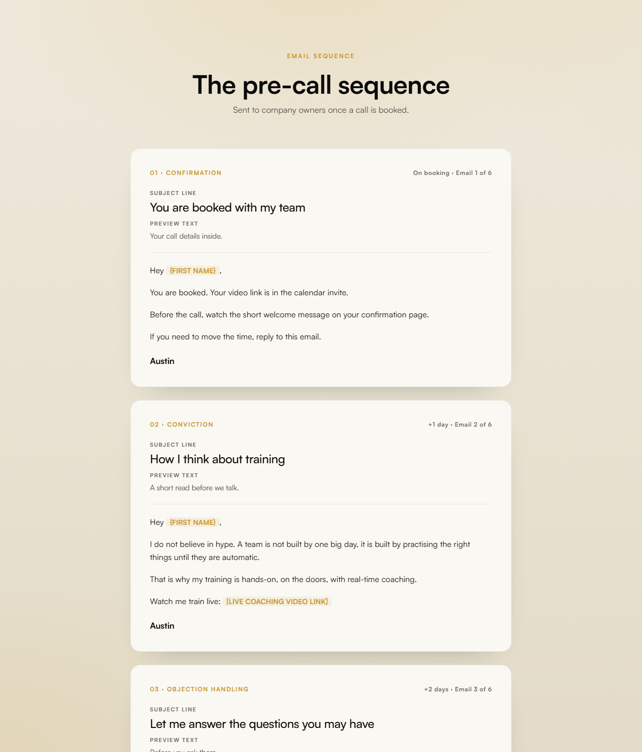 Pre-call email sequence preview